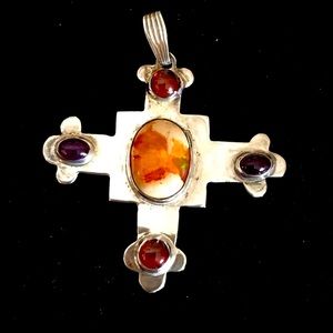 925 Sterling Silver Cross Pendant, Semi-Precious Stones .